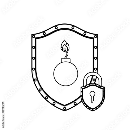 monochrome silhouette with shield with bomb and padlock vector illustration