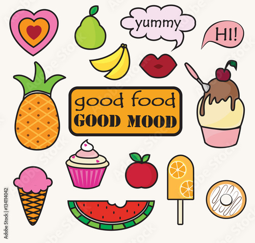 Food patches design vector emblem. Cute badges with fruits, sweets and quote.  photo