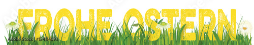 Frohe Ostern Schriftzug mit Gras und Blumen