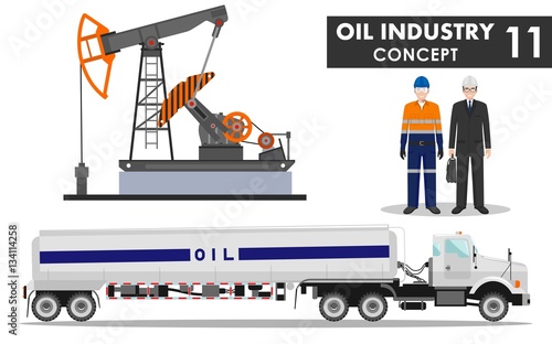 Oil industry concept. Detailed illustration of gasoline truck, oil pump, businessman, engineer and worker in flat style on white background. Vector illustration.