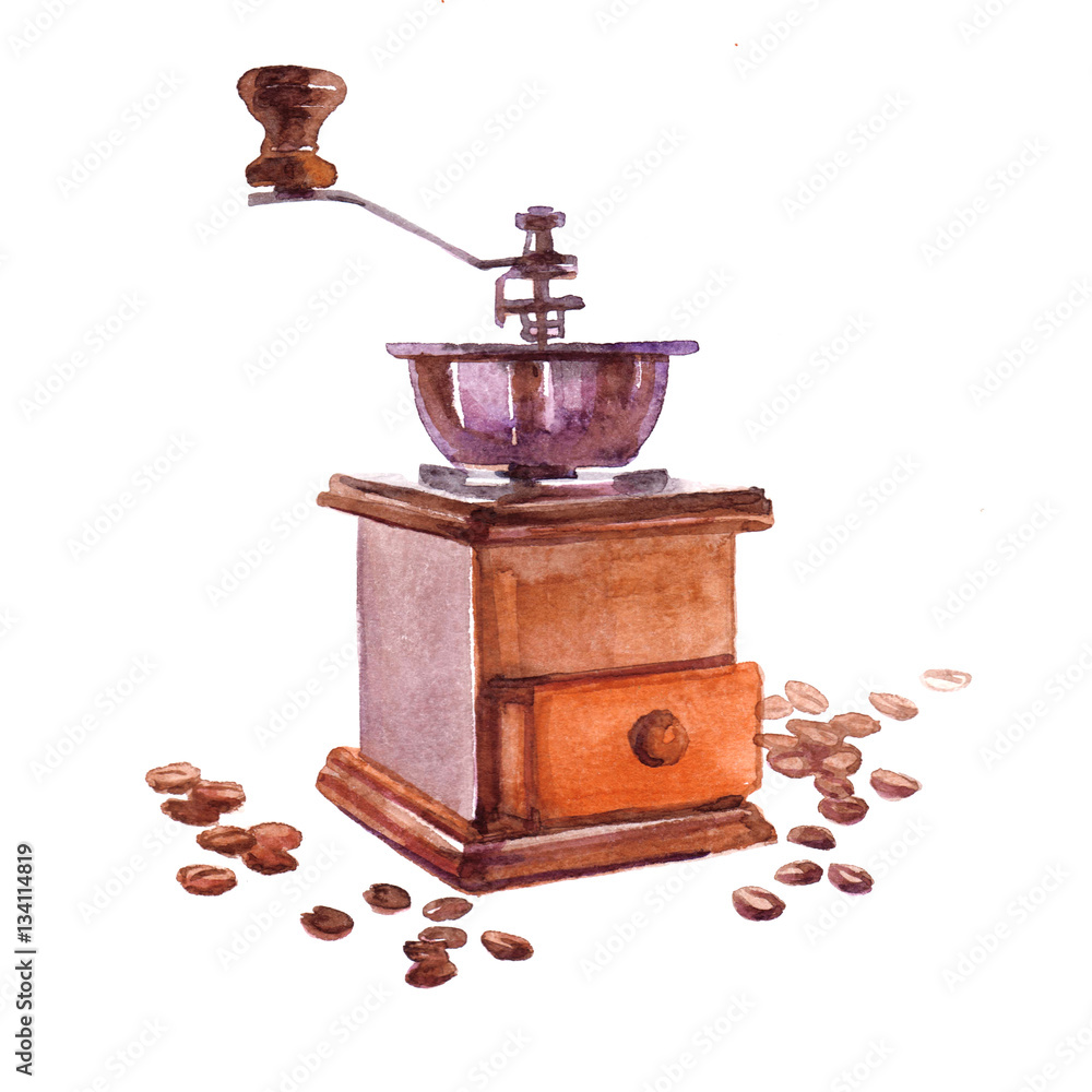 Watercolor coffee beans with coffee hand mill isolated on a white background illustration. Watercolor coffee beans with coffee hand mill isolated on a white background illustration.
