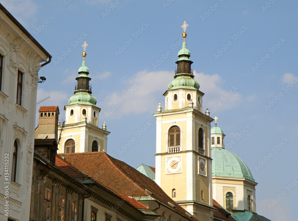 Twin Towers and Dome of Cathedral of St Nicholas in Ljubljana, Slovenia 