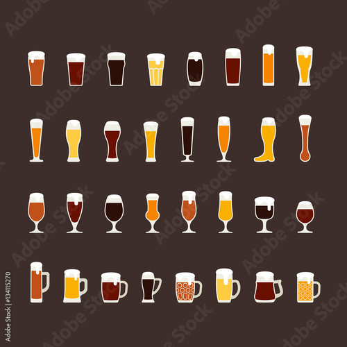 Beer glasses and mugs flat icon set, variety of beers