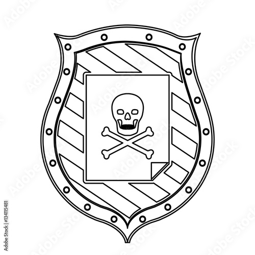 monochrome silhouette of wooden shield with file virus vector illustration