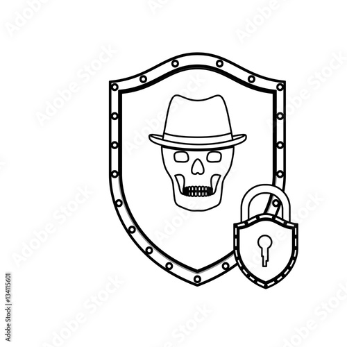 monochrome silhouette of shield with skull with hat and padlock vector illustration
