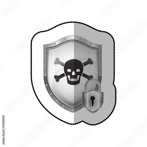 middle shadow sticker of pirate shield with skull and bones and padlock vector illustration
