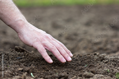 man's hand on arable soil