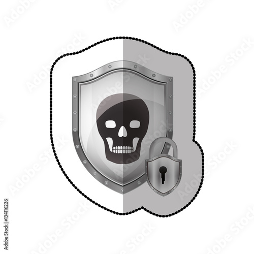 middle shadow sticker of pirate shield with skull and padlock vector illustration