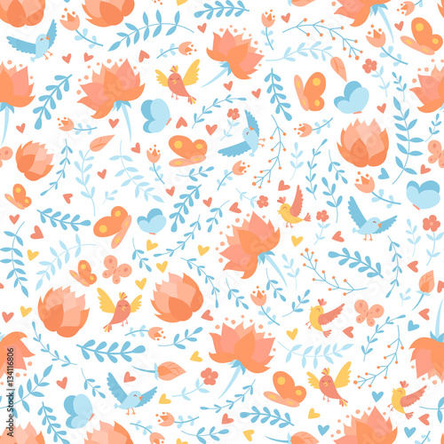 Wallpaper Mural Seamless pattern with doodle cartoon vector floral elements, birds, flowers, lotus and butterfly Torontodigital.ca