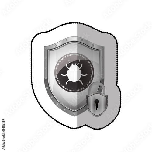 middle shadow sticker of shield with beetle virus and padlock vector illustration