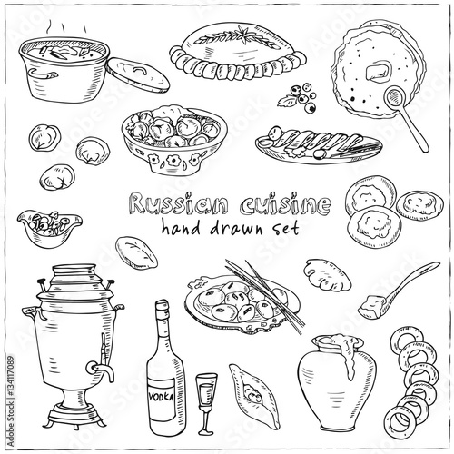 Vector hand drawn set of russian cuisine. pancake, red caviar, pelmeni,, beef stroganoff, vodka and samovar.