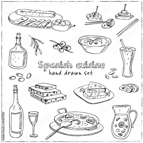 Vector hand drawn set of spanish cuisine. soup, liver in garlic Paella, meal with rice and seafood, fried cookie churros.