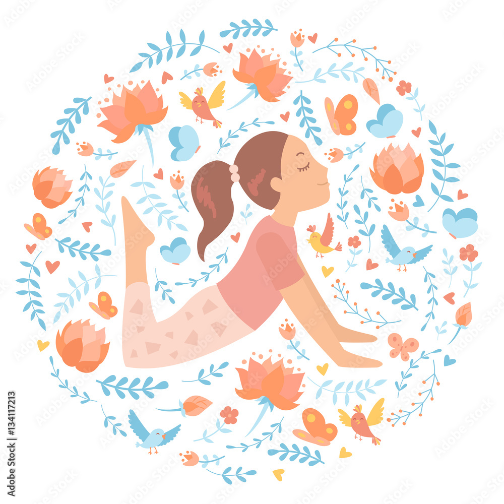 Silhouette of circle with the girl doing yoga inside with doodle cartoon vector floral elements
