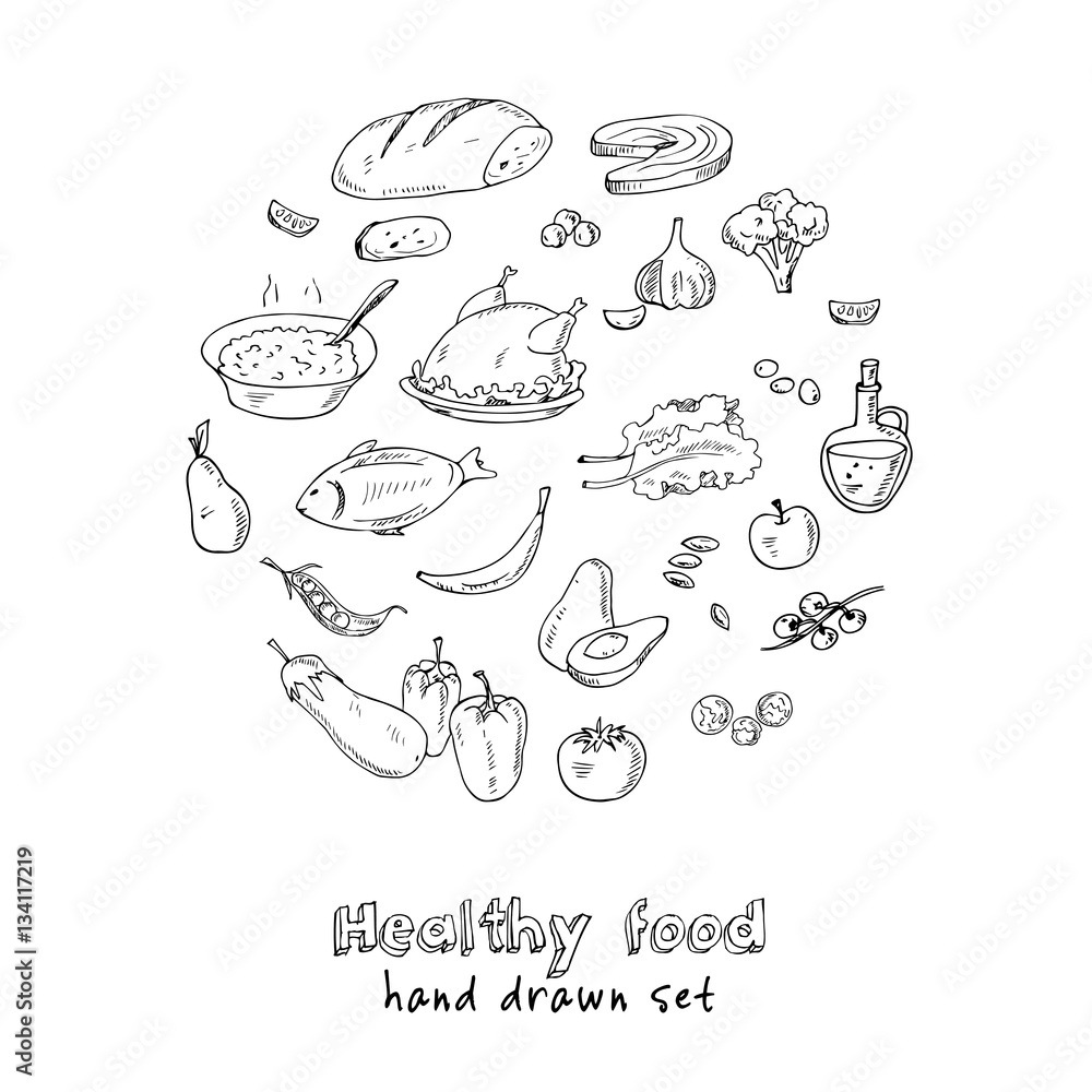 Vector hand drawn set of healthy food vegetables, fruits, meat.