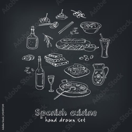 Vector hand drawn set of spanish cuisine: soup, liver in garlic Paella, meal with rice and seafood, fried cookie churros.