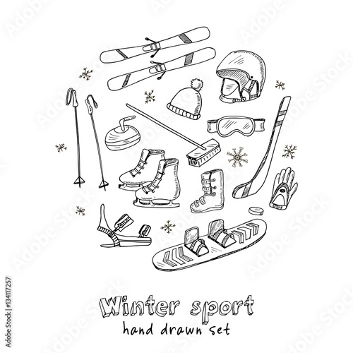 Winter Fun Sports, Activities and Accessories Hand-Drawn Notebook Doodles Set with Sled, Skis, Skates, Snowboard, Snowflake