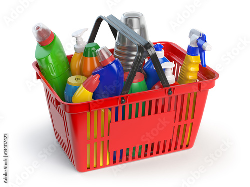 Detergent bottles and cleaning supplies in shopping basket isol