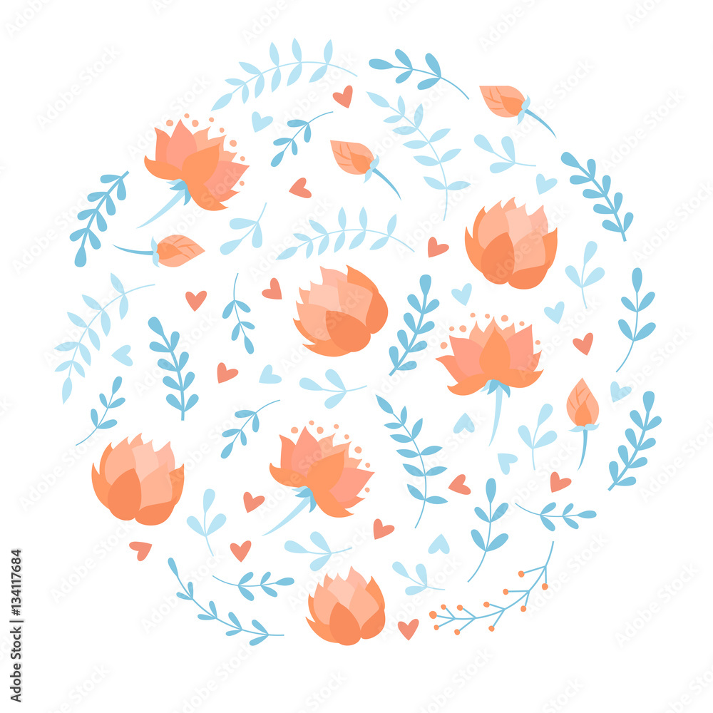 Silhouette of circle with doodle cartoon vector floral elements, birds, flowers, lotus and butterfly