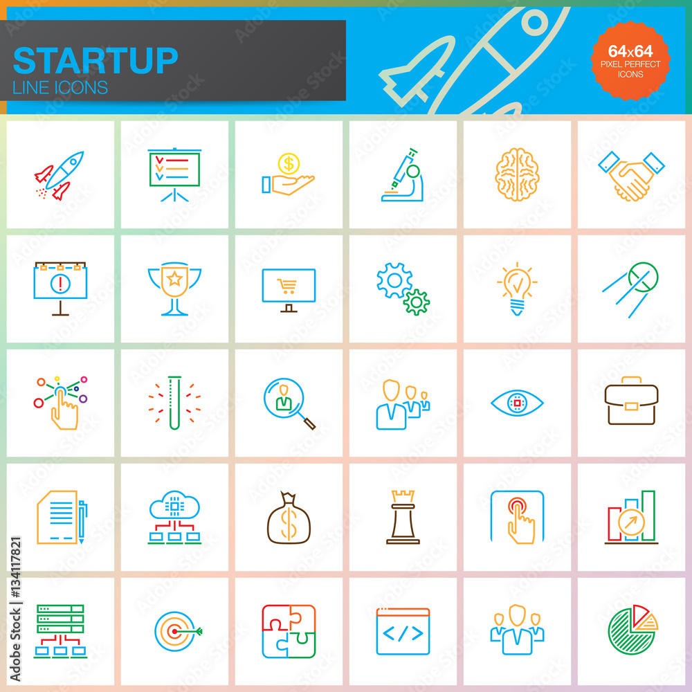Fototapeta premium Startup line icons set, outline vector symbol collection, linear color pictogram pack isolated on white, pixel perfect logo illustration