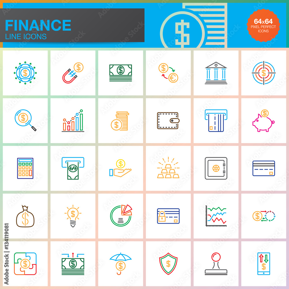 Fototapeta premium Finance line icons set, money outline vector symbol collection, linear color pictogram pack isolated on white, pixel perfect logo illustration