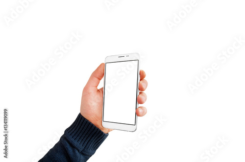 Isolated white smartphone with blank sreen in man hand, curved angle  on white background photo