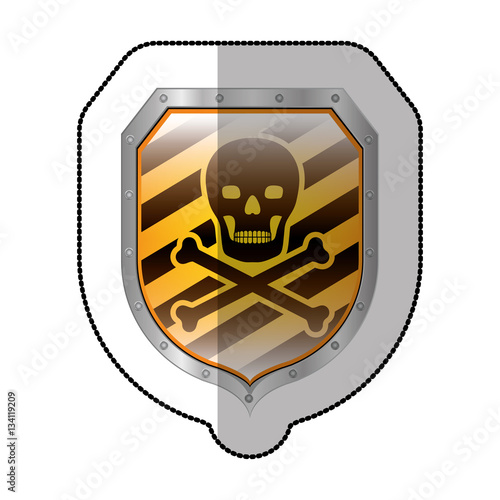 middle shadow sticker of skull and bones in yellow shield vector illustration