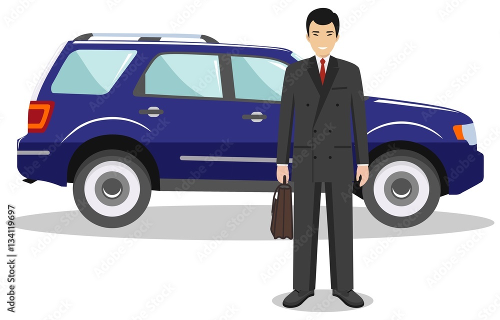 Asian businessman standing near the blue car on white background in flat style. Business concept. Flat design people character. Vector illustration. Asian businessman standing near the blue car on white background in flat style. Business concept. Flat design people character. Vector illustration.