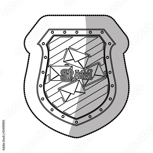 monochrome middle shadow sticker of spam mail in shield vector illustration