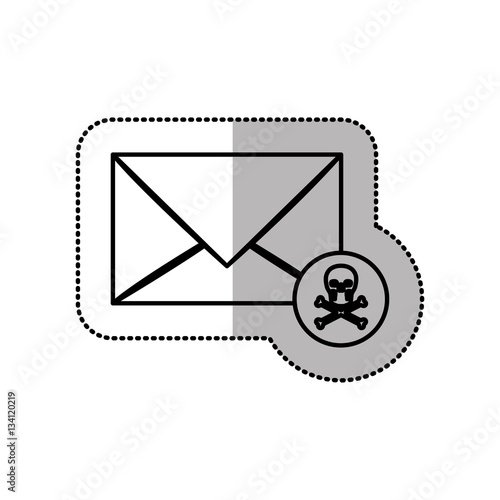 monochrome middle shadow sticker of mail virus skull and bones vector illustration