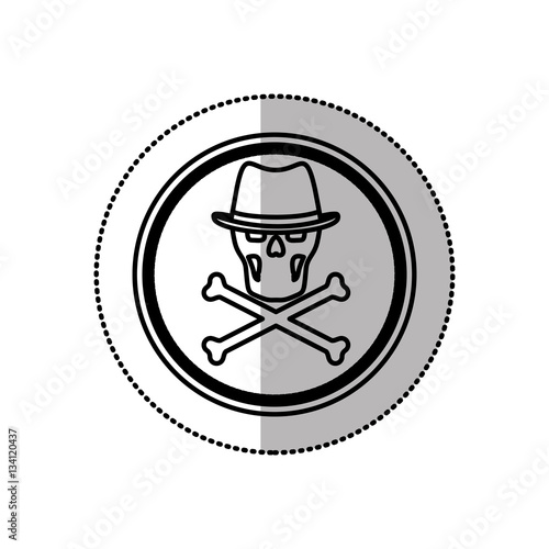 monochrome middle shadow sticker of skull and bones with hat in circle vector illustration