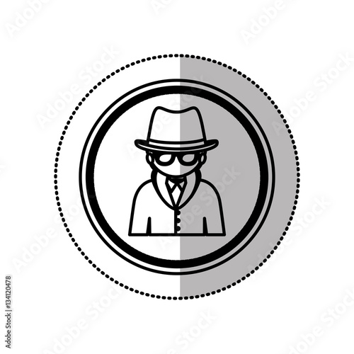monochrome middle shadow sticker of hacker in circle vector illustration