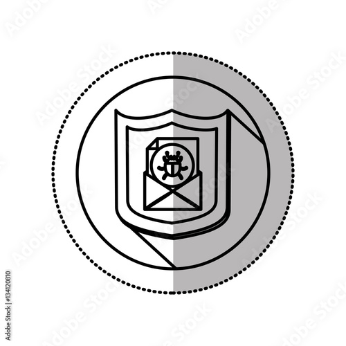 monochrome middle shadow sticker with circle with shield and virus mail beetle vector illustration