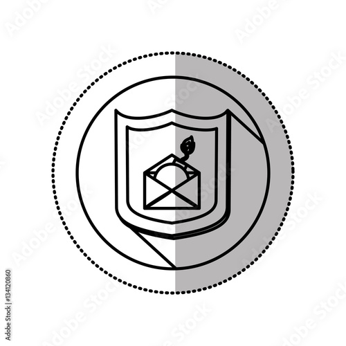 monochrome middle shadow sticker with circle with shield and mail bomb vector illustration