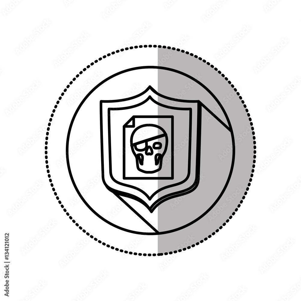 monochrome middle shadow sticker with circle with shield and file skull vector illustration