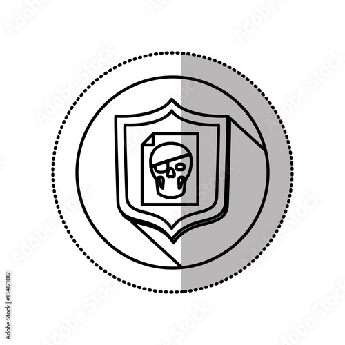 monochrome middle shadow sticker with circle with shield and file skull vector illustration