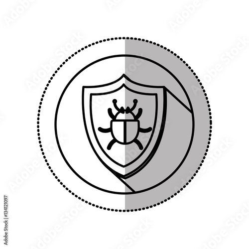 monochrome middle shadow sticker with circle with shield with beetle vector illustration