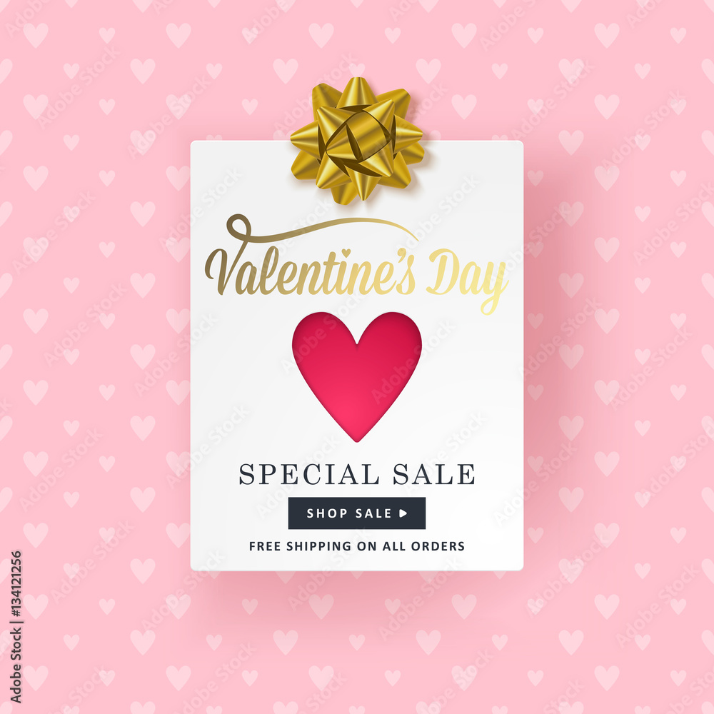 Valentines day banner design with paper card, heart shape and go