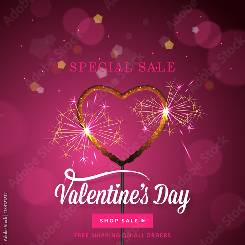 Valentines day banner design with heart shape sparkler over boke