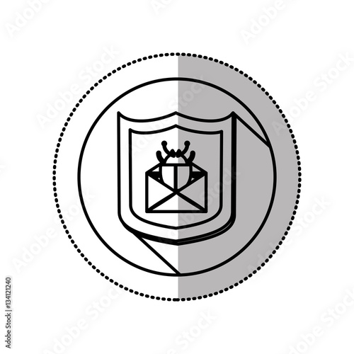 monochrome middle shadow sticker with circle with shield and mail beetle vector illustration