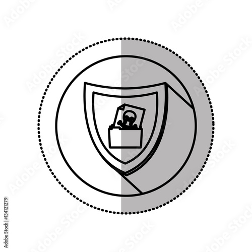 monochrome middle shadow sticker with circle with shield and folder skull and bones vector illustration