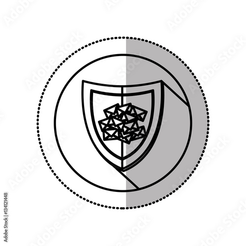 monochrome middle shadow sticker with circle with shield and mails vector illustration