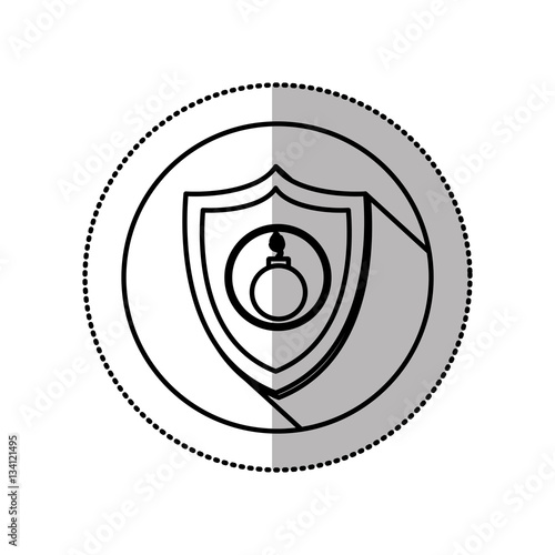 monochrome middle shadow sticker with circle with shield and bomb vector illustration