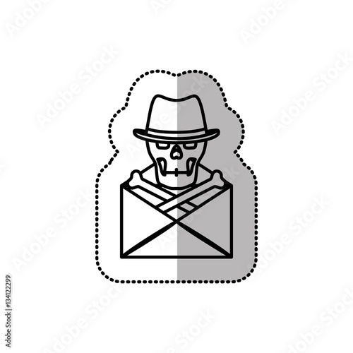 monochrome middle shadow sticker of mail virus skull and bones with hat vector illustration
