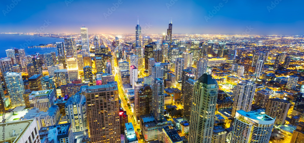 Panorama Chicago cityscape at coast, night view Panorama Chicago cityscape at coast, night view