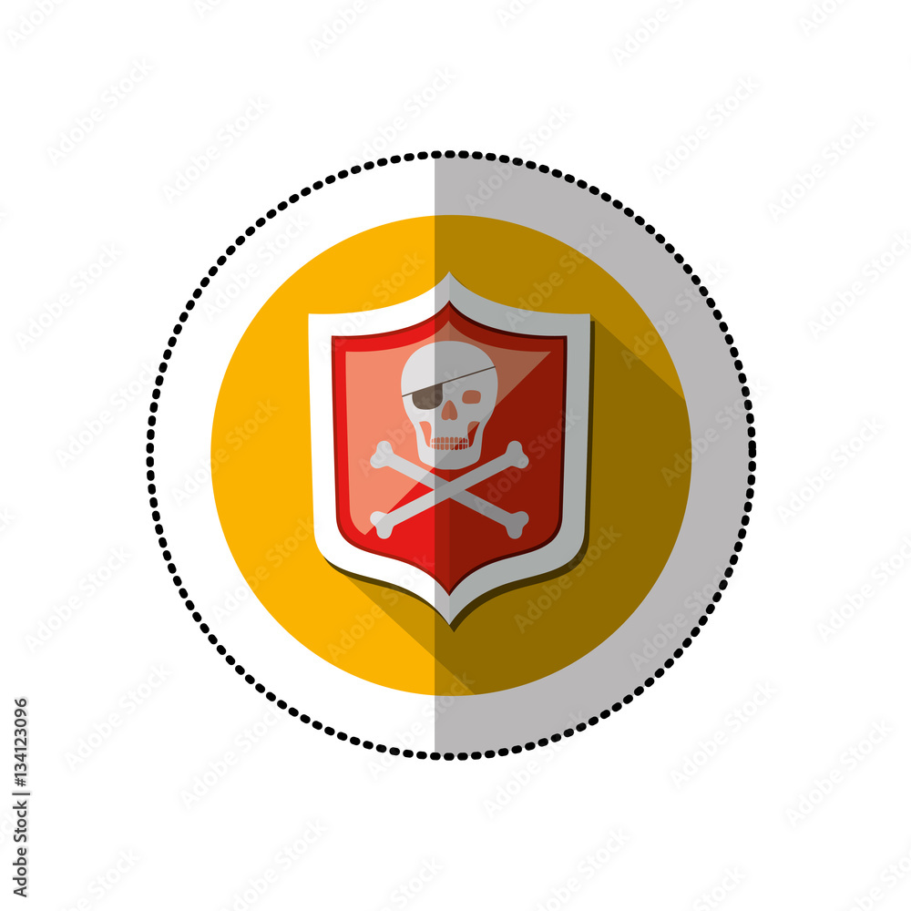 colorful middle shadow sticker with circle with shield and pirate skull and bones vector illustration colorful middle shadow sticker with circle with shield and pirate skull and bones vector illustration