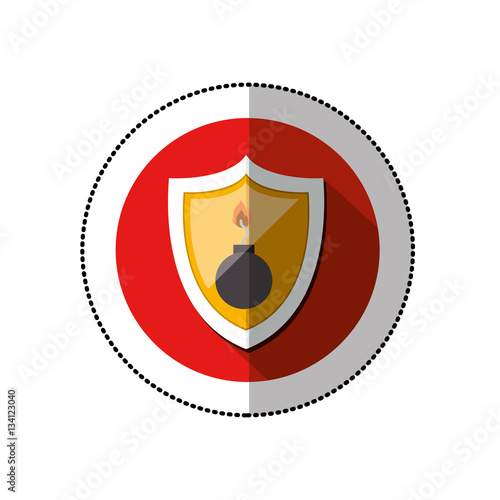 colorful middle shadow sticker with circle with shield and bomb vector illustration