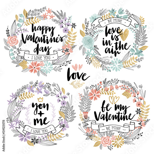 Valentine`s Day Callygraphic Floral set - hand drawn