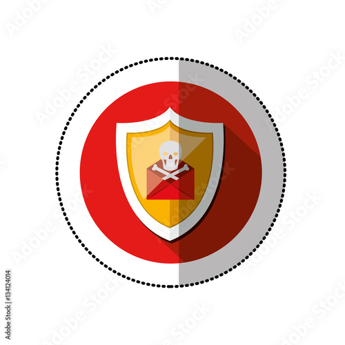 colorful middle shadow sticker with circle with shield and red mail skull and bones vector illustration
