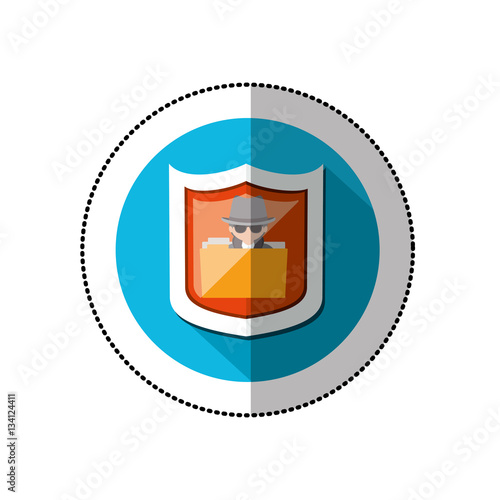 colorful middle shadow sticker with blue circle with shield and folder hacker vector illustration