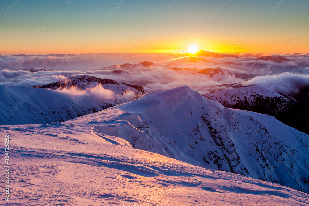 Winter mountain landscape with cloud inversion